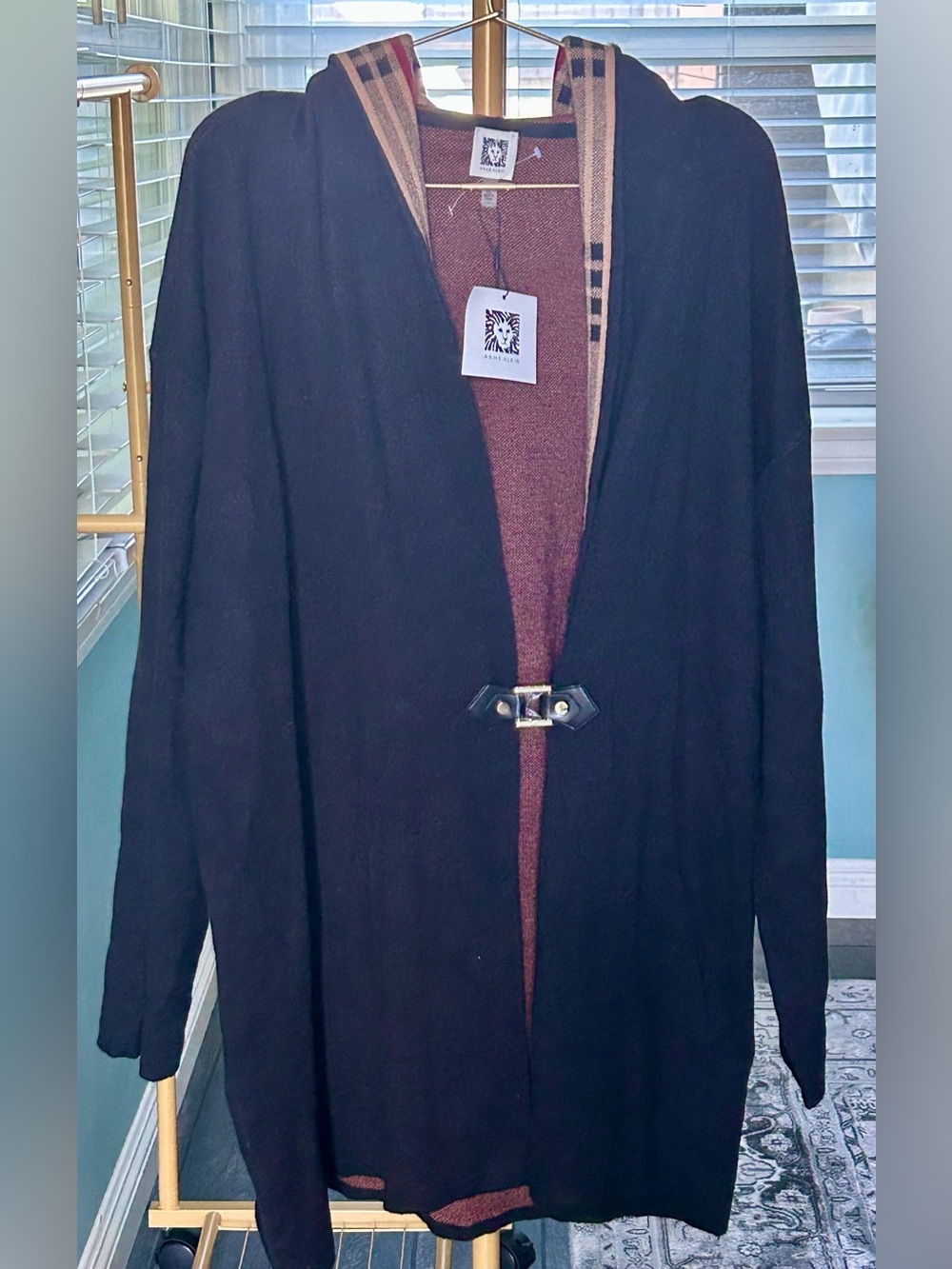 Anne Klein Black Hooded Toggle open jacket with Plaid Trim NWT size XL